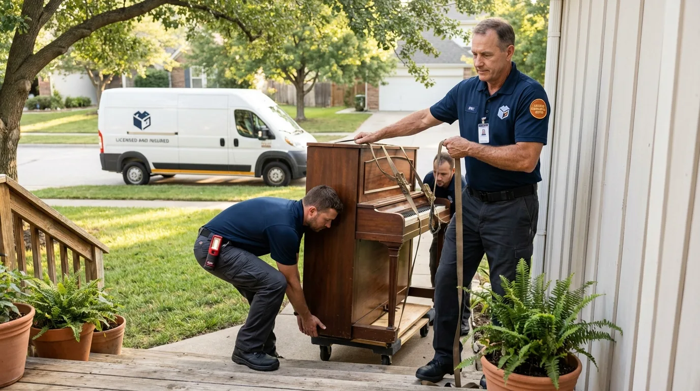 Licensed piano movers securing grand piano in Nags Head, NC