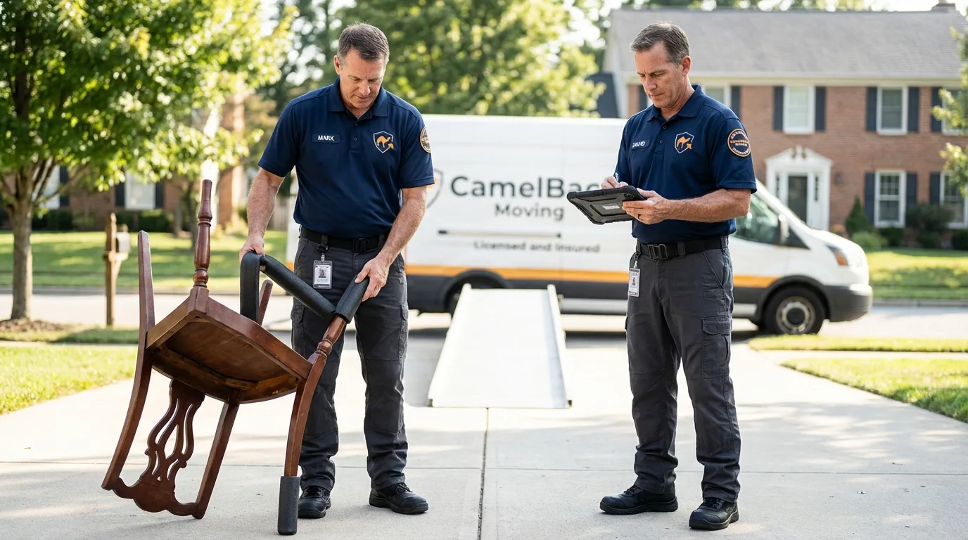 Movers inspecting furniture for damage prevention before loading in Nags Head, NC