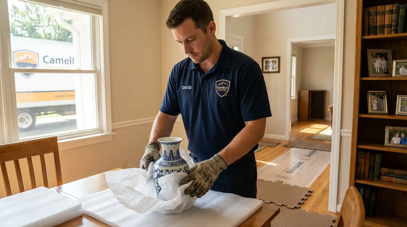Professional crew carefully wrapping antique vase for senior downsizing move in Nags Head, NC
